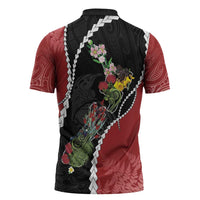 New Zealand Christmas Zipper Polo Shirt Flora Map with Birds - Polynesian Pride