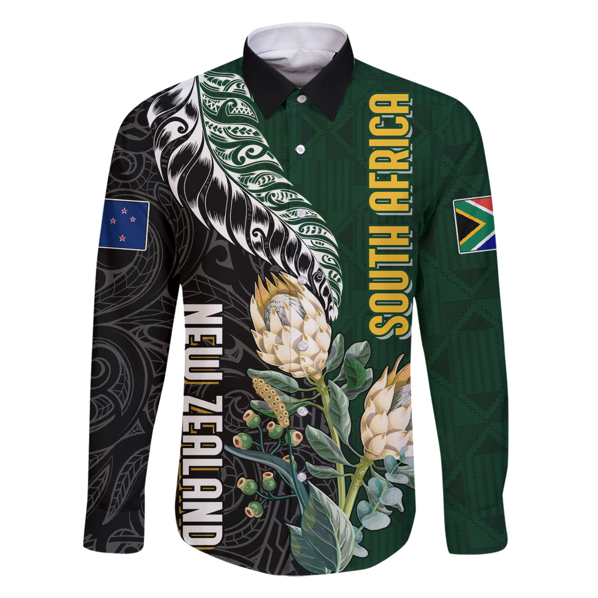 Custom South Africa Mix New Zealand Rugby 2023 Family Matching Long Sleeve Bodycon Dress and Hawaiian Shirt World Cup Greatest Rivalry LT7 Dad's Shirt - Long Sleeve Black Green - Polynesian Pride