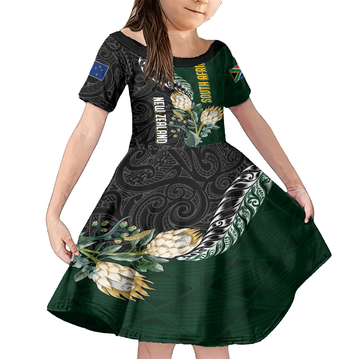 Custom South Africa Mix New Zealand Rugby 2023 Family Matching Off Shoulder Long Sleeve Dress and Hawaiian Shirt World Cup Greatest Rivalry LT7 Daughter's Dress Black Green - Polynesian Pride