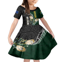 Custom South Africa Mix New Zealand Rugby 2023 Family Matching Off Shoulder Short Dress and Hawaiian Shirt World Cup Greatest Rivalry LT7 Daughter's Dress Black Green - Polynesian Pride
