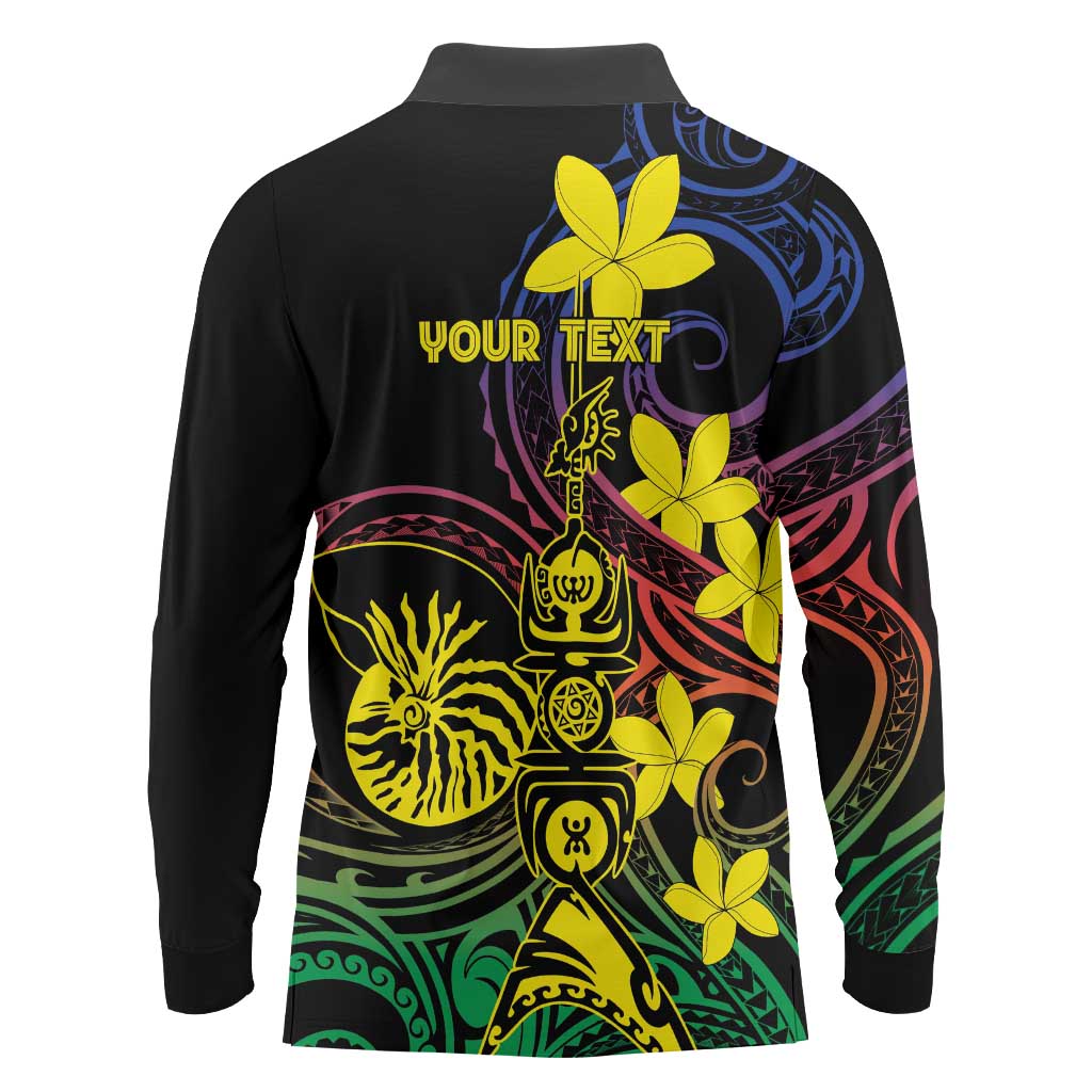 New Caledonia Kanaky Personalized Long Sleeve Polo Shirt Fleche Faitiere - Plumeria LT7 - Polynesian Pride