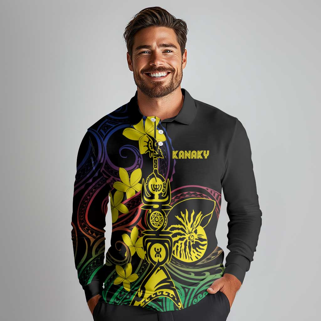 New Caledonia Kanaky Personalized Long Sleeve Polo Shirt Fleche Faitiere - Plumeria LT7 - Polynesian Pride