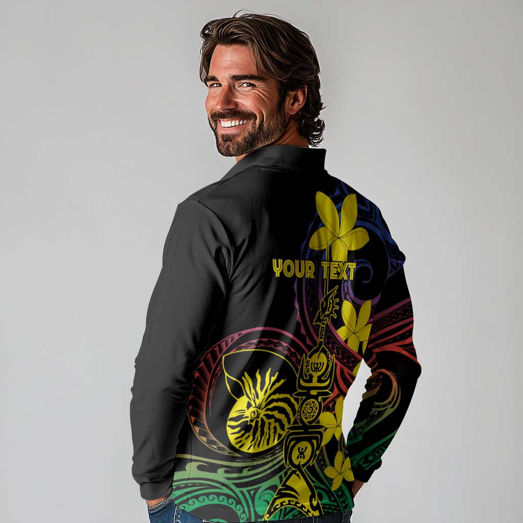 New Caledonia Kanaky Personalized Long Sleeve Polo Shirt Fleche Faitiere - Plumeria LT7 - Polynesian Pride