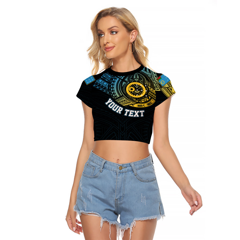 Personalised Vanuatu Raglan Cropped T Shirt Turtle Chest Tattoo Flag Color - Sanma LT7 Female Black - Polynesian Pride