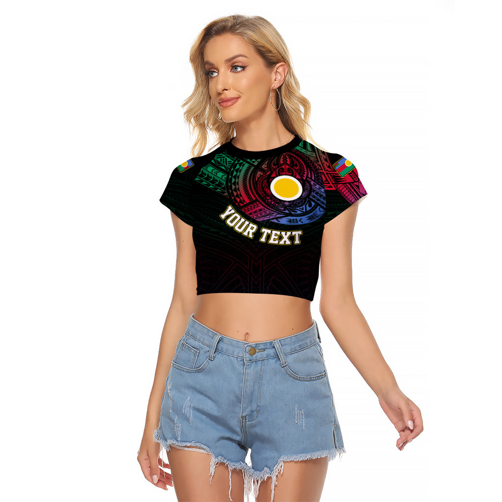 Personalised Vanuatu Raglan Cropped T Shirt Turtle Chest Tattoo Flag Color - Shefa LT7 Female Black - Polynesian Pride
