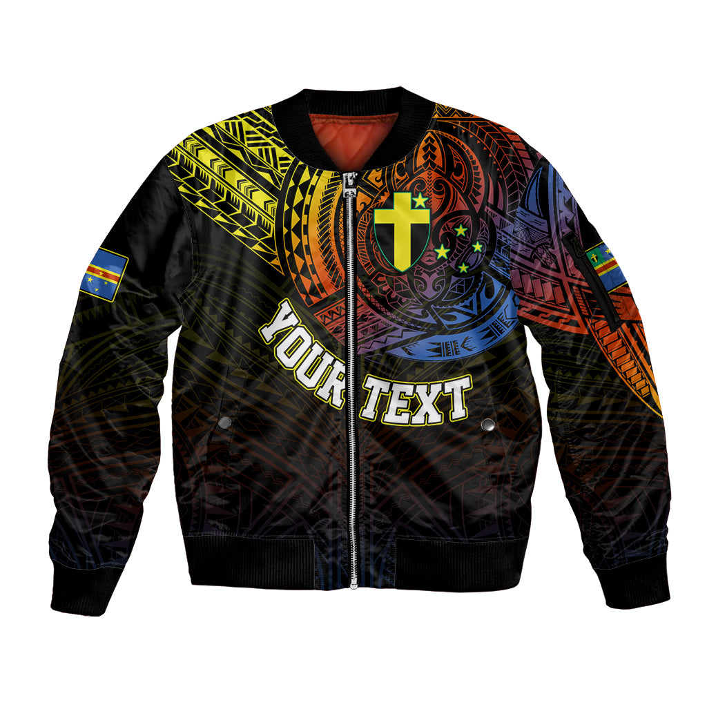 Personalised Vanuatu Sleeve Zip Bomber Jacket Turtle Chest Tattoo Flag Color - Tafea LT7 Unisex Black - Polynesian Pride