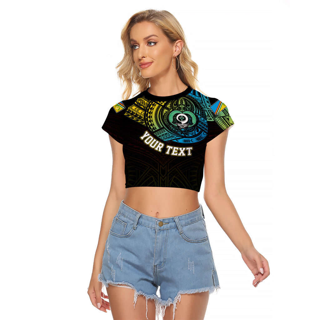 Personalised Vanuatu Raglan Cropped T Shirt Turtle Chest Tattoo Flag Color - Torba LT7 Female Black - Polynesian Pride