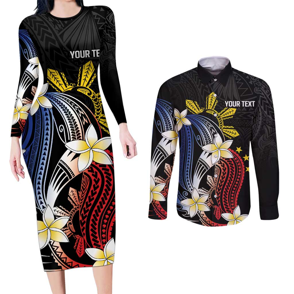 Personalized Philippines Tribal Couples Matching Long Sleeve Bodycon Dress and Long Sleeve Button Shirt Tropical Waves - Plumeria