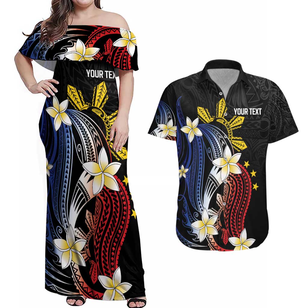 Personalized Philippines Tribal Couples Matching Off Shoulder Maxi Dress and Hawaiian Shirt Tropical Waves - Plumeria