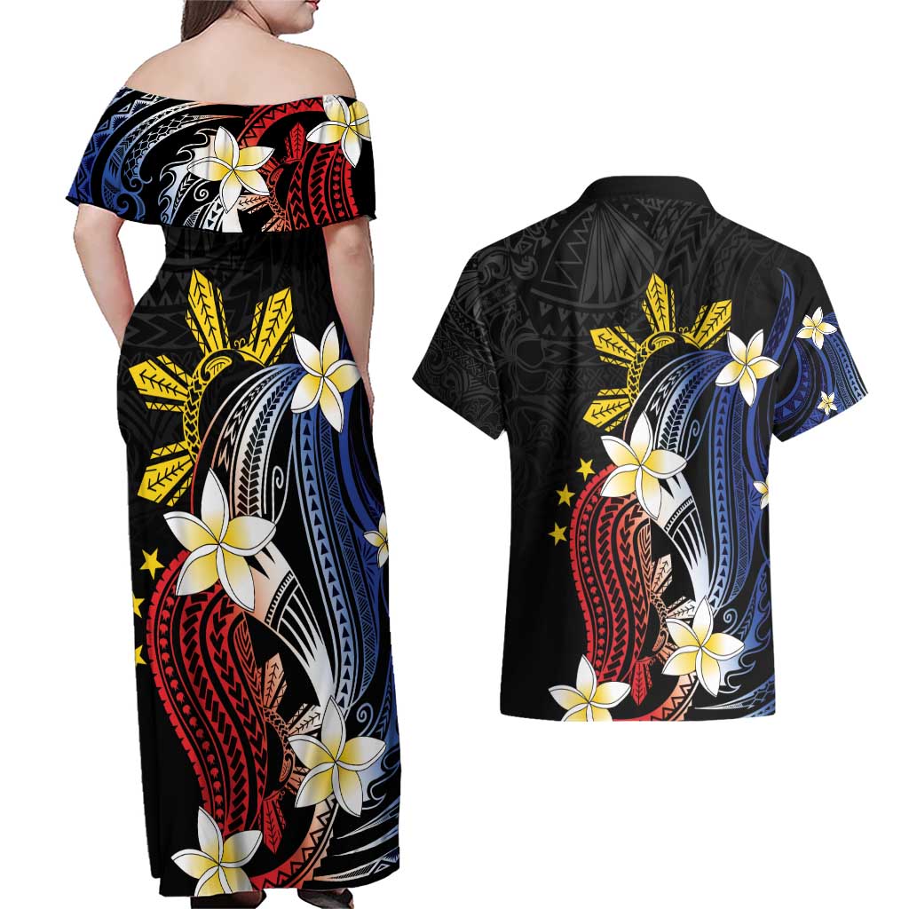 Personalized Philippines Tribal Couples Matching Off Shoulder Maxi Dress and Hawaiian Shirt Tropical Waves - Plumeria