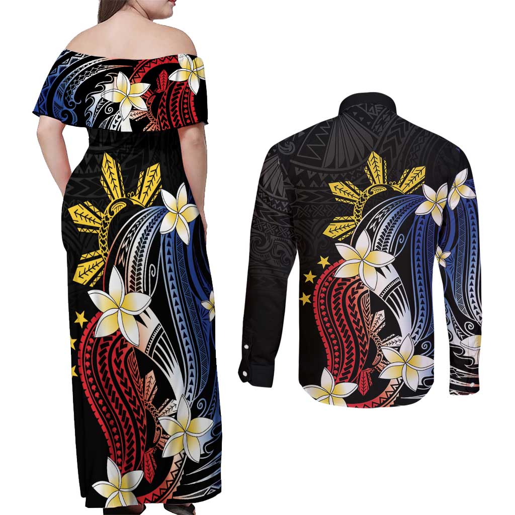 Personalized Philippines Tribal Couples Matching Off Shoulder Maxi Dress and Long Sleeve Button Shirt Tropical Waves - Plumeria