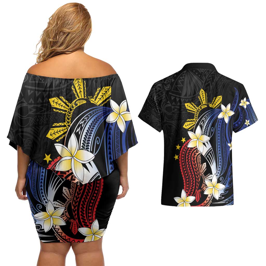 Personalized Philippines Tribal Couples Matching Off Shoulder Short Dress and Hawaiian Shirt Tropical Waves - Plumeria