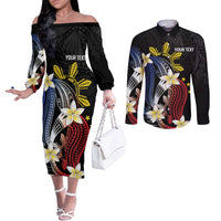 Personalized Philippines Tribal Couples Matching Off The Shoulder Long Sleeve Dress and Long Sleeve Button Shirt Tropical Waves - Plumeria LT7 Black - Polynesian Pride