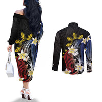Personalized Philippines Tribal Couples Matching Off The Shoulder Long Sleeve Dress and Long Sleeve Button Shirt Tropical Waves - Plumeria LT7 - Polynesian Pride