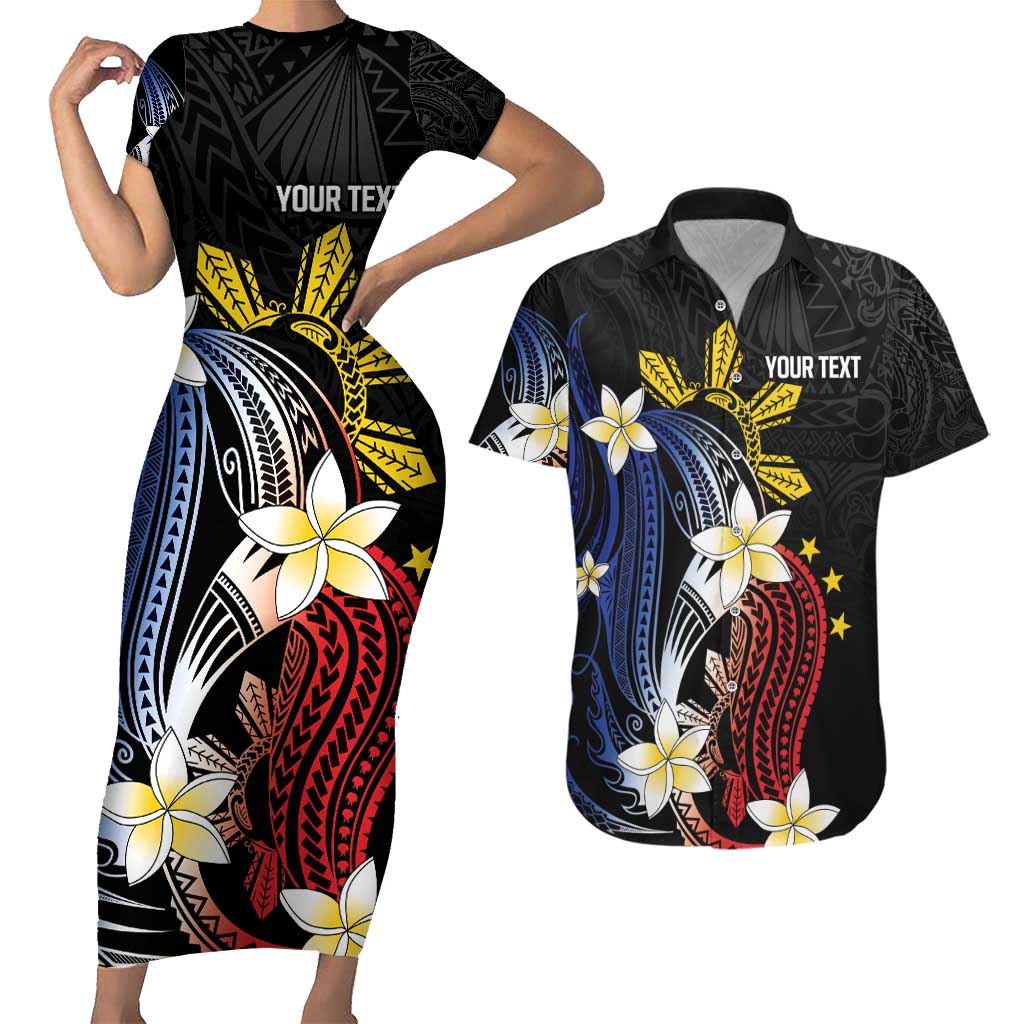 Personalized Philippines Tribal Couples Matching Short Sleeve Bodycon Dress and Hawaiian Shirt Tropical Waves - Plumeria
