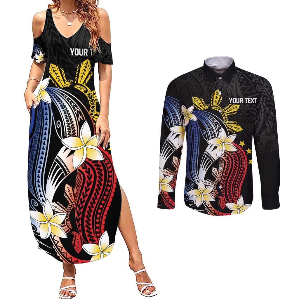 Personalized Philippines Tribal Couples Matching Summer Maxi Dress and Long Sleeve Button Shirt Tropical Waves - Plumeria