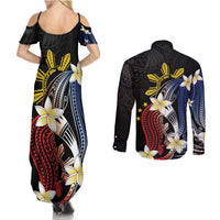 Personalized Philippines Tribal Couples Matching Summer Maxi Dress and Long Sleeve Button Shirt Tropical Waves - Plumeria