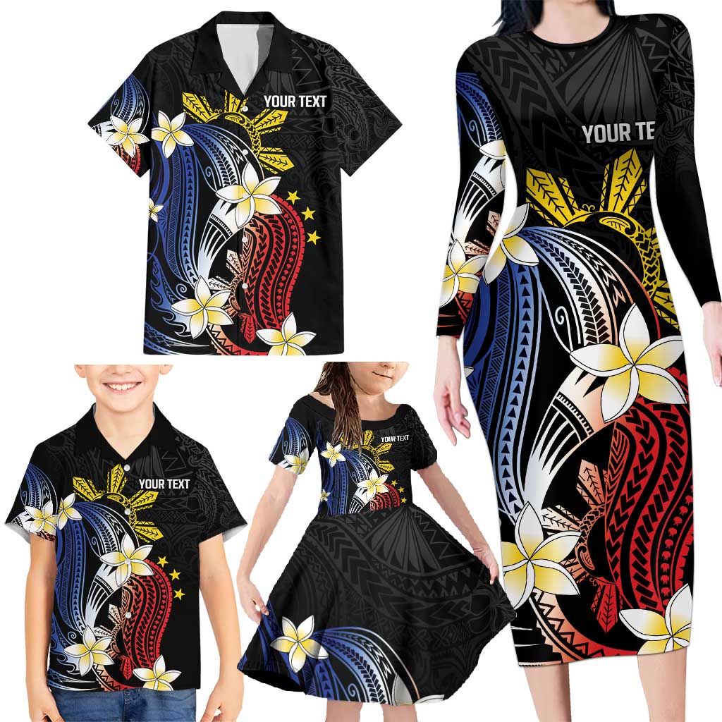 Personalized Philippines Tribal Family Matching Long Sleeve Bodycon Dress and Hawaiian Shirt Tropical Waves - Plumeria