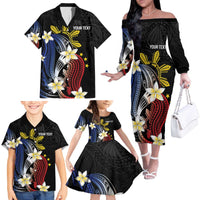 Personalized Philippines Tribal Family Matching Off The Shoulder Long Sleeve Dress and Hawaiian Shirt Tropical Waves - Plumeria
