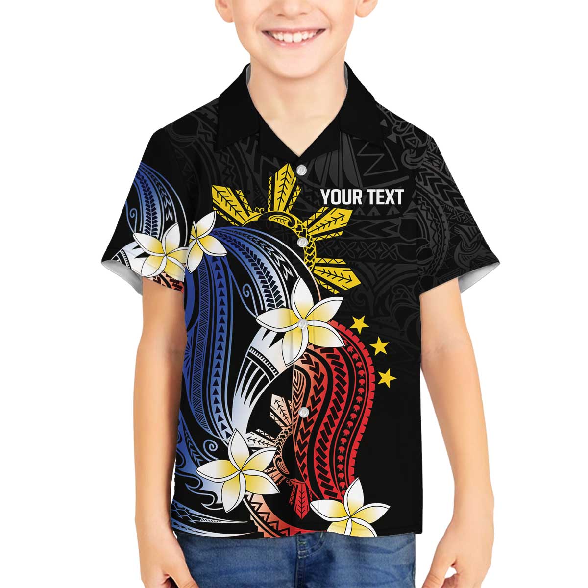Personalized Philippines Tribal Family Matching Off The Shoulder Long Sleeve Dress and Hawaiian Shirt Tropical Waves - Plumeria