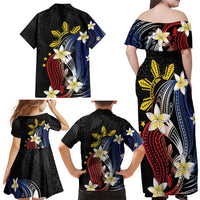 Personalized Philippines Tribal Family Matching Off Shoulder Maxi Dress and Hawaiian Shirt Tropical Waves - Plumeria