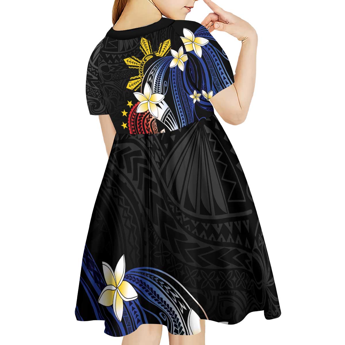 Personalized Philippines Tribal Kid Short Sleeve Dress Tropical Waves - Plumeria