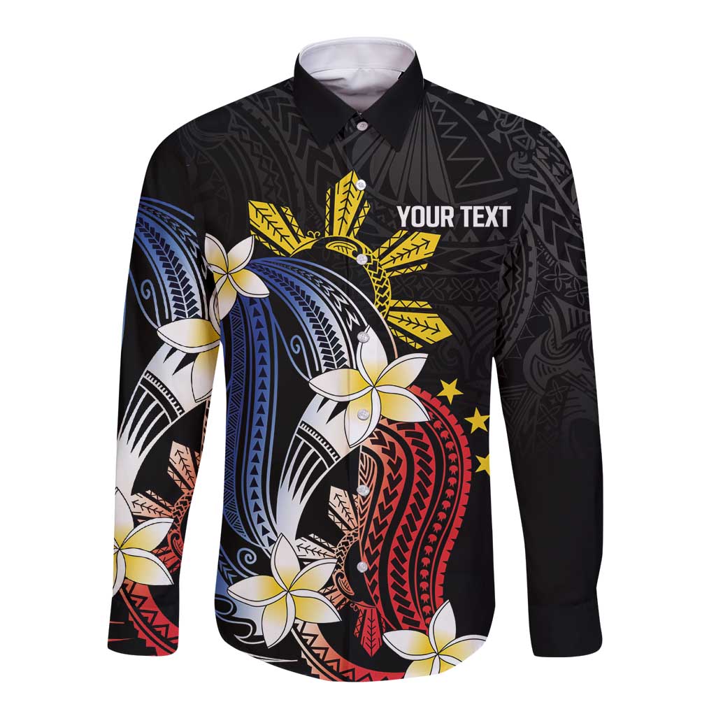 Personalized Philippines Tribal Long Sleeve Button Shirt Tropical Waves - Plumeria