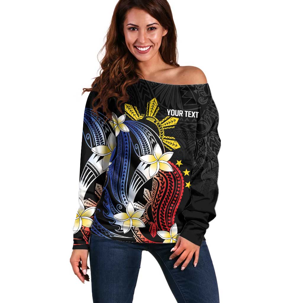 Personalized Philippines Tribal Off Shoulder Sweater Tropical Waves - Plumeria