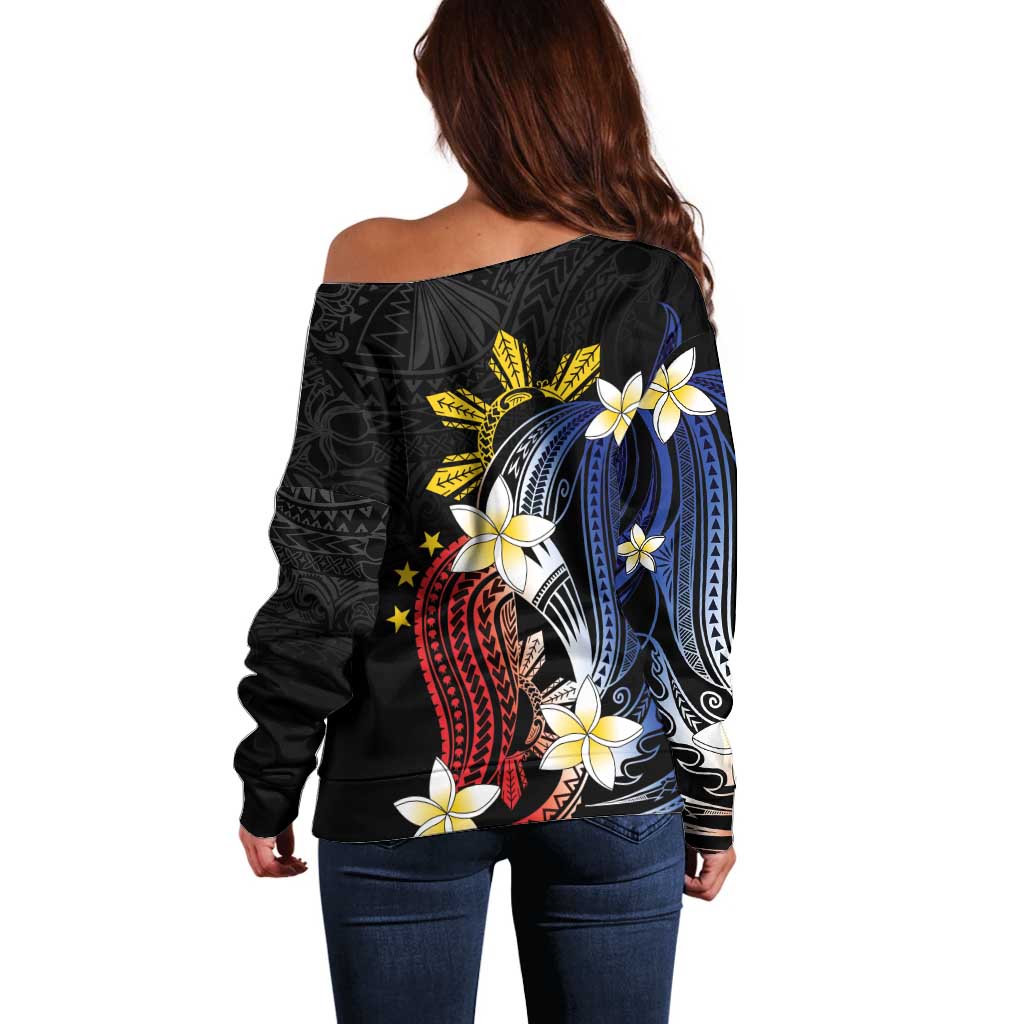 Personalized Philippines Tribal Off Shoulder Sweater Tropical Waves - Plumeria