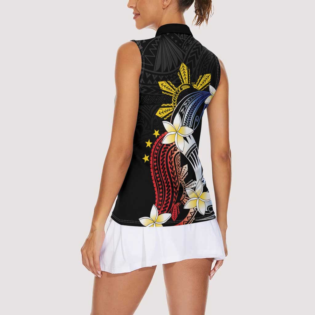 Personalized Philippines Tribal Women Sleeveless Polo Shirt Tropical Waves - Plumeria