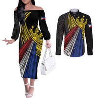 Philippines Sun Couples Matching Off The Shoulder Long Sleeve Dress and Long Sleeve Button Shirt Pasifika Tribal Style