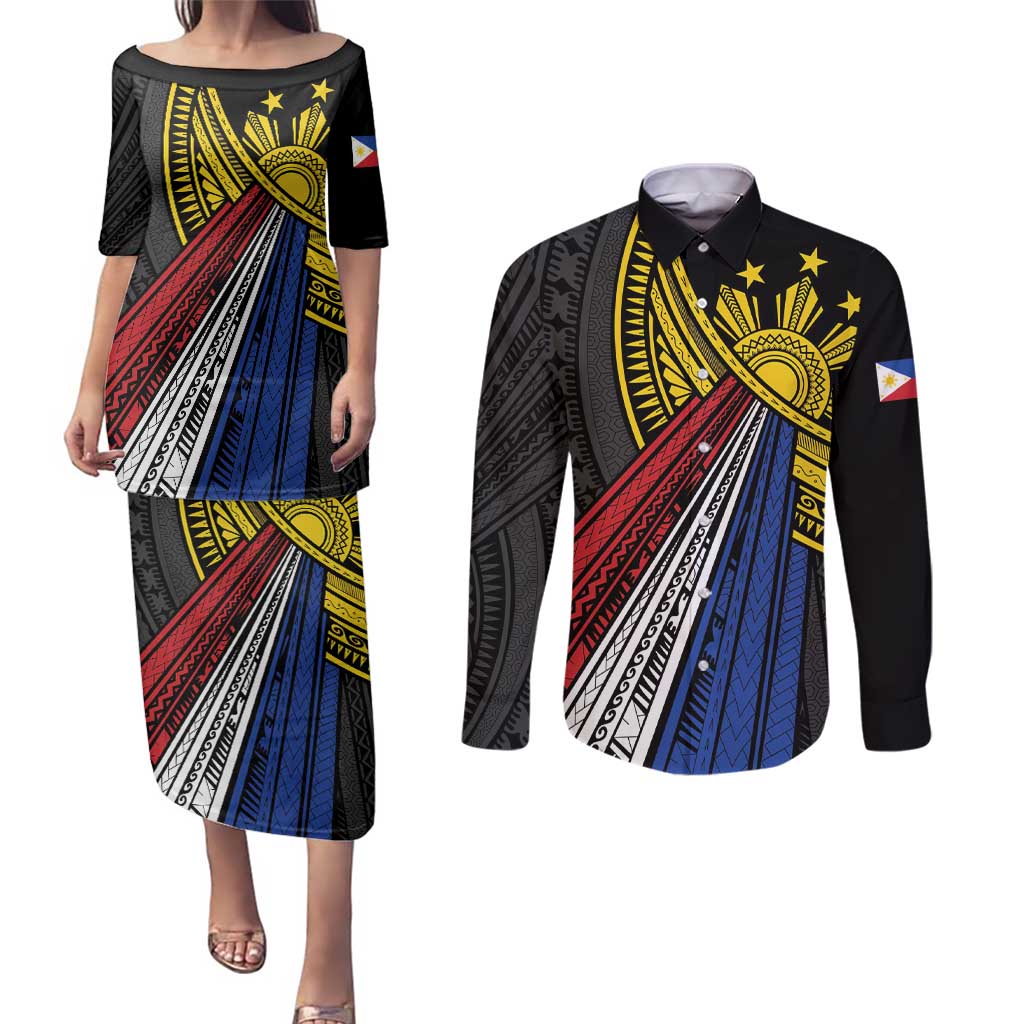Philippines Sun Couples Matching Puletasi and Long Sleeve Button Shirt Pasifika Tribal Style