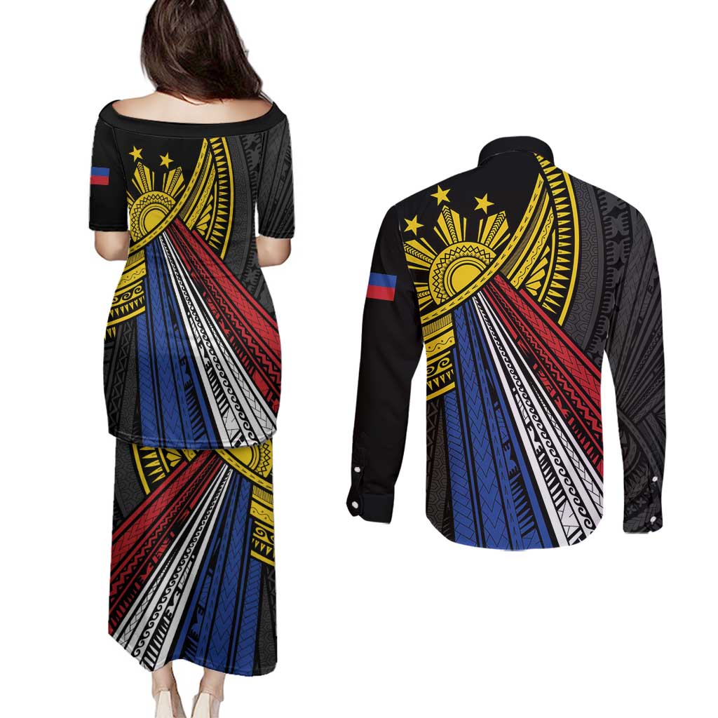 Philippines Sun Couples Matching Puletasi and Long Sleeve Button Shirt Pasifika Tribal Style