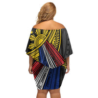 Philippines Sun Family Matching Off Shoulder Short Dress and Hawaiian Shirt Pasifika Tribal Style