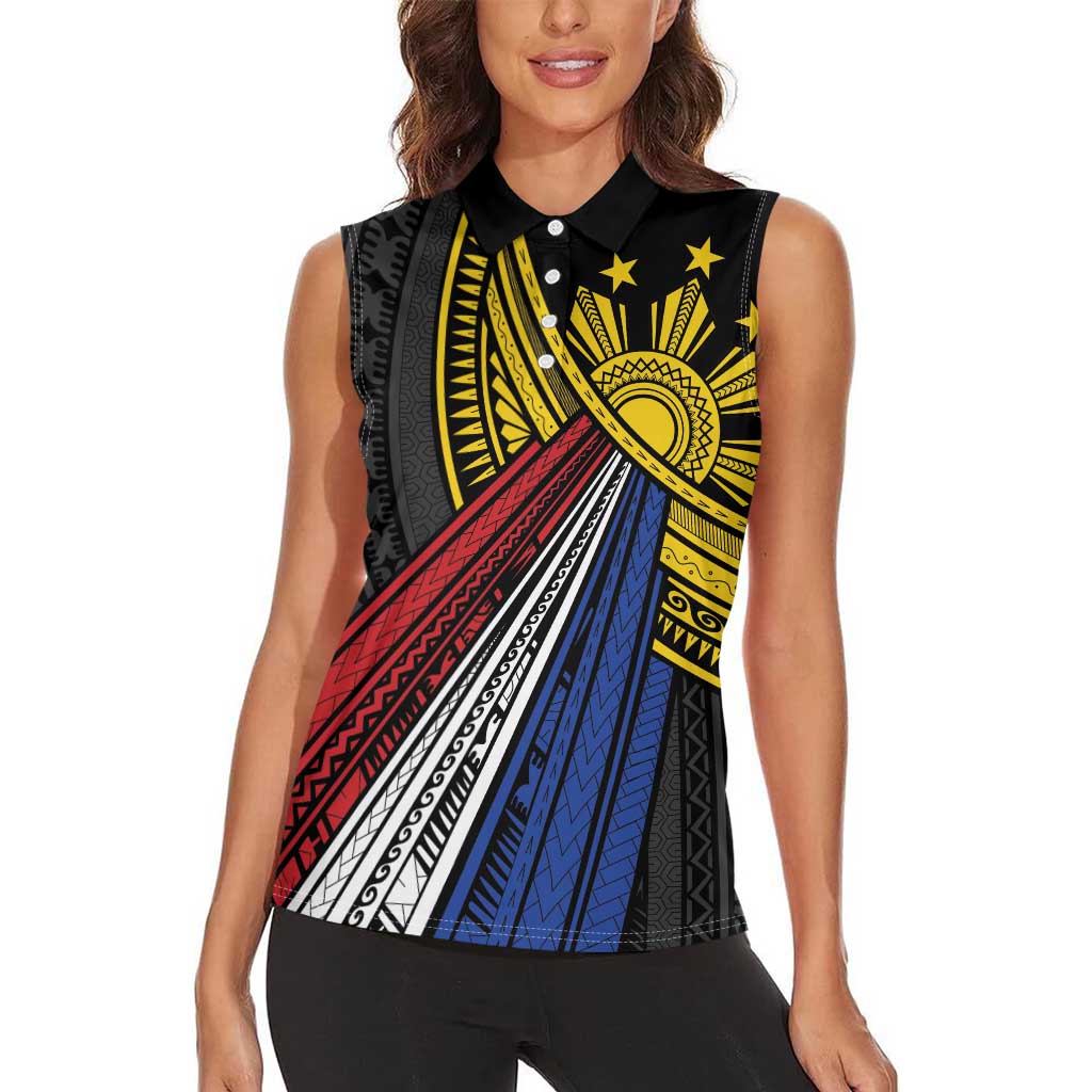 Philippines Sun Women Sleeveless Polo Shirt Pasifika Tribal Style