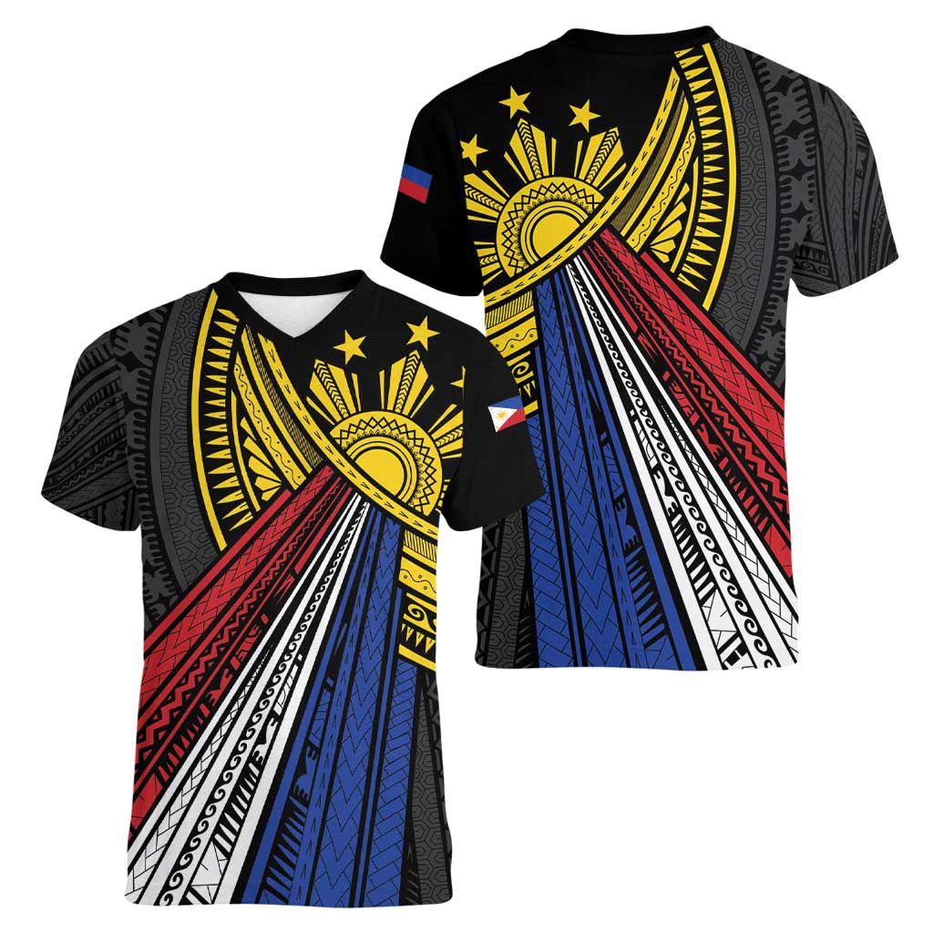 Philippines Sun Women V-Neck T-Shirt Pasifika Tribal Style