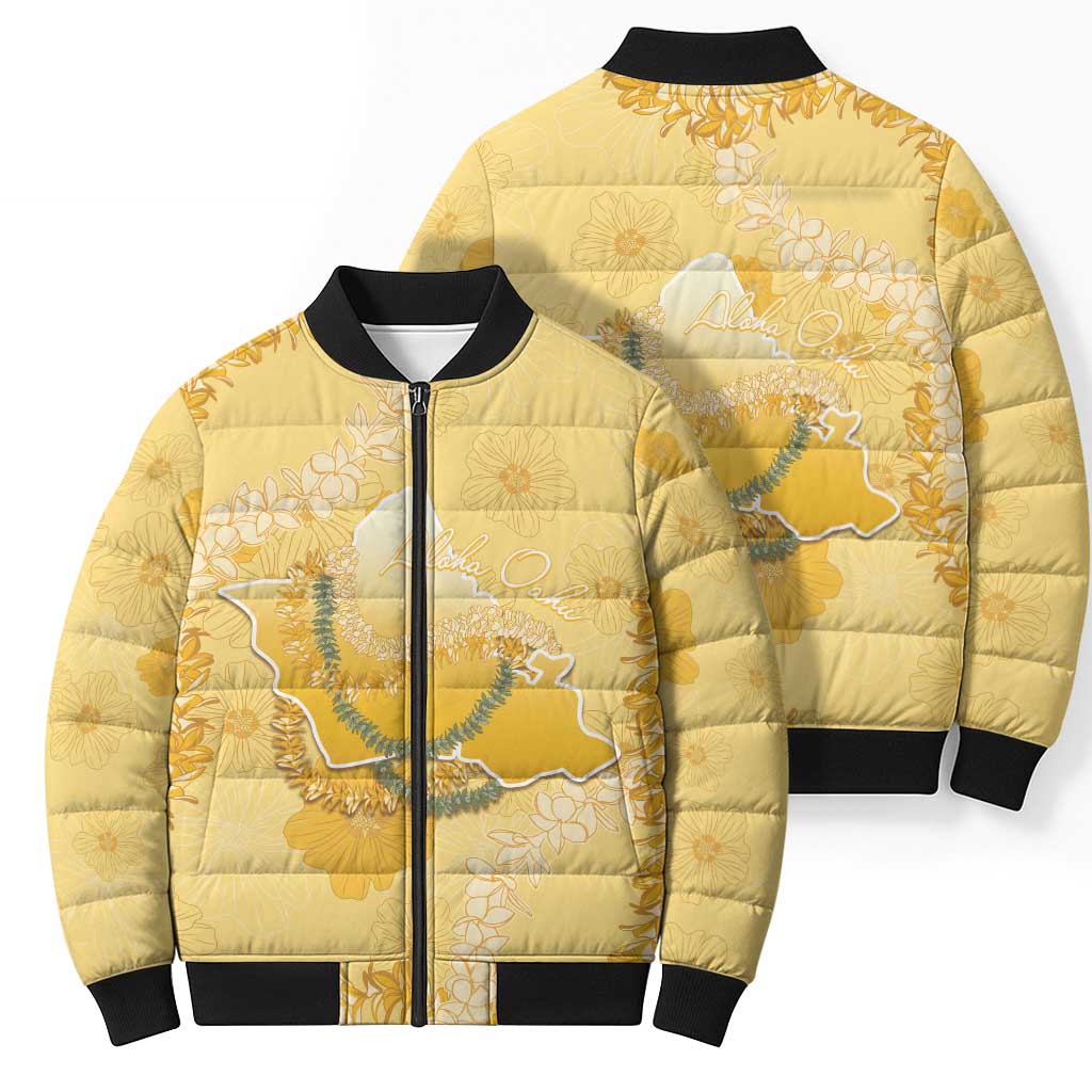 Hawaii Oahu Island Flowers Lei Bomber Puffer Jacket Yellow Ilima Mix Plumeria