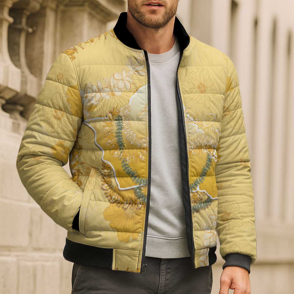 Hawaii Oahu Island Flowers Lei Bomber Puffer Jacket Yellow Ilima Mix Plumeria