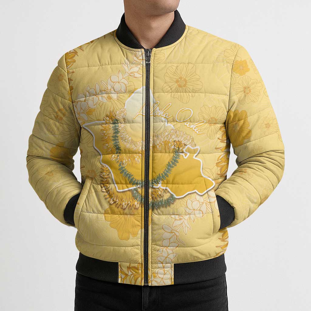 Hawaii Oahu Island Flowers Lei Bomber Puffer Jacket Yellow Ilima Mix Plumeria