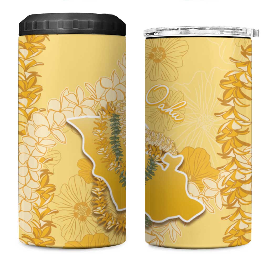 Hawaii Oahu Island Flowers Lei 4 in 1 Can Cooler Tumbler Yellow Ilima Mix Plumeria