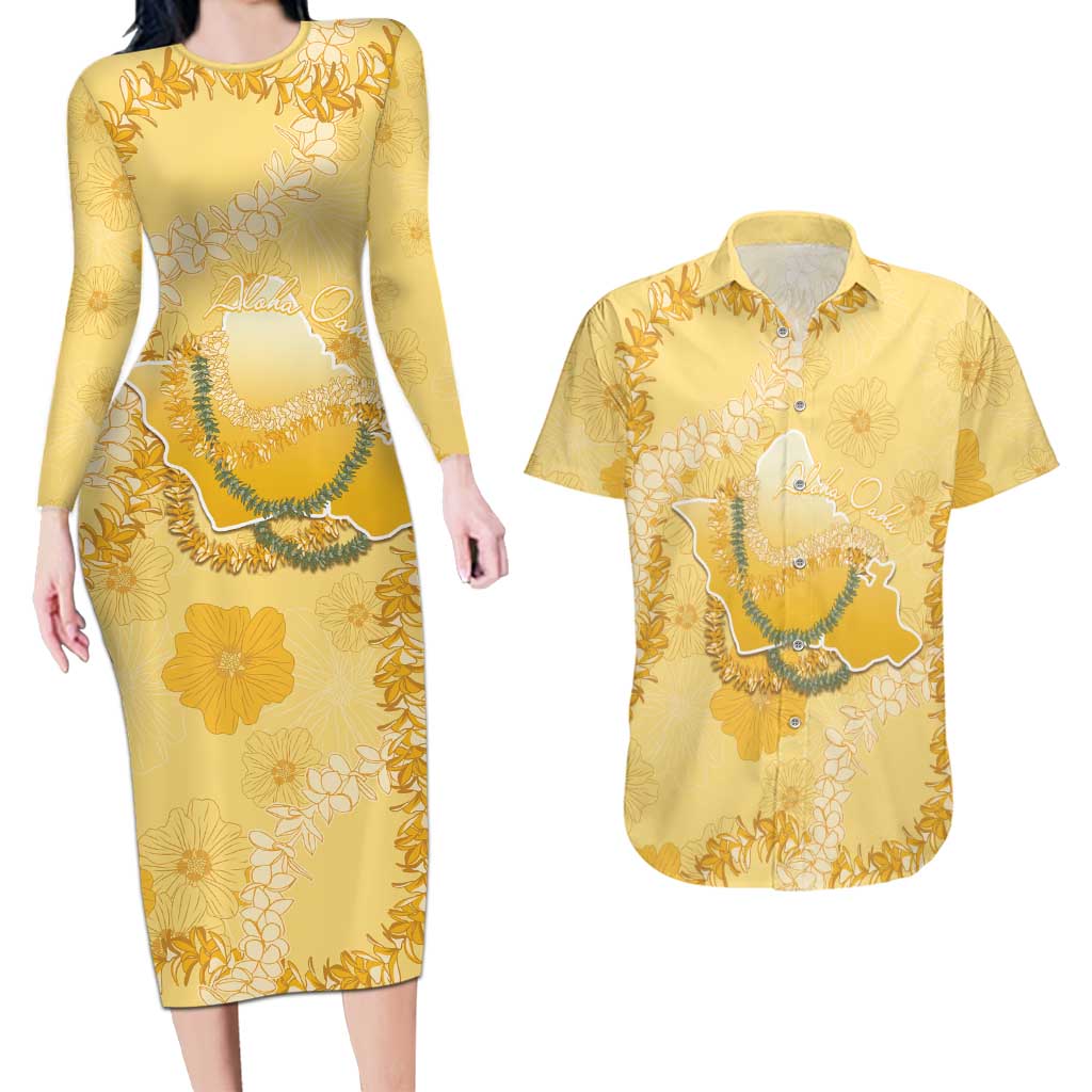 Hawaii Oahu Island Flowers Lei Couples Matching Long Sleeve Bodycon Dress and Hawaiian Shirt Yellow Ilima Mix Plumeria