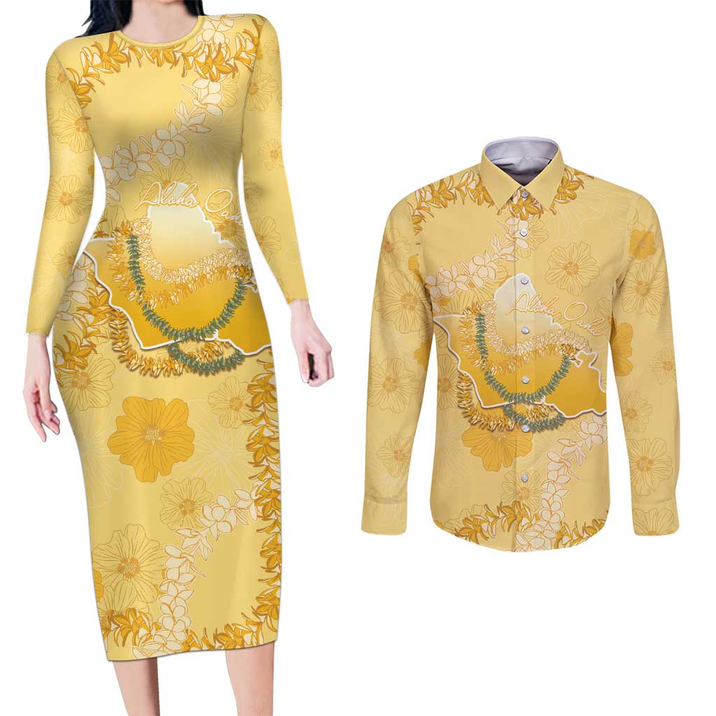 Hawaii Oahu Island Flowers Lei Couples Matching Long Sleeve Bodycon Dress and Long Sleeve Button Shirt Yellow Ilima Mix Plumeria LT7 Yellow - Polynesian Pride