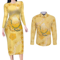 Hawaii Oahu Island Flowers Lei Couples Matching Long Sleeve Bodycon Dress and Long Sleeve Button Shirt Yellow Ilima Mix Plumeria LT7 Yellow - Polynesian Pride