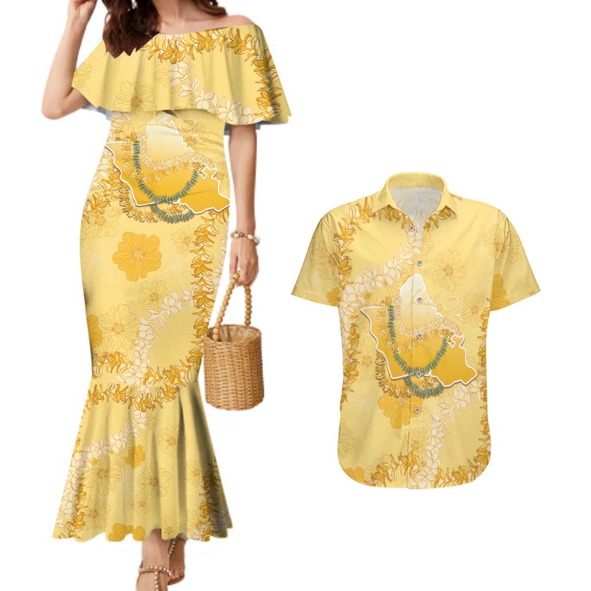 Hawaii Oahu Island Flowers Lei Couples Matching Mermaid Dress and Hawaiian Shirt Yellow Ilima Mix Plumeria