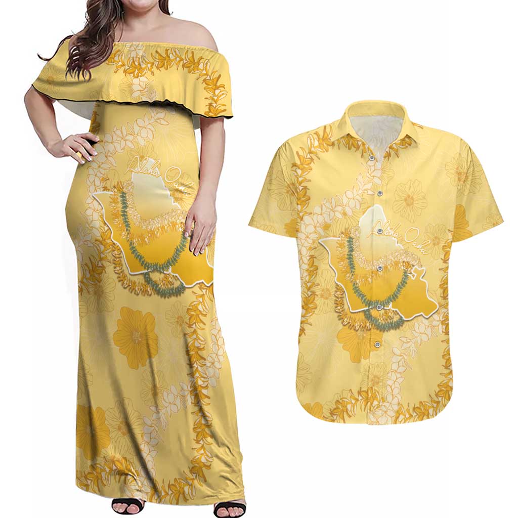 Hawaii Oahu Island Flowers Lei Couples Matching Off Shoulder Maxi Dress and Hawaiian Shirt Yellow Ilima Mix Plumeria