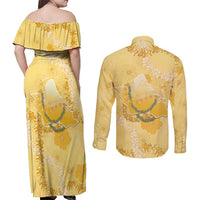 Hawaii Oahu Island Flowers Lei Couples Matching Off Shoulder Maxi Dress and Long Sleeve Button Shirt Yellow Ilima Mix Plumeria
