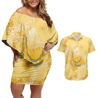 Hawaii Oahu Island Flowers Lei Couples Matching Off Shoulder Short Dress and Hawaiian Shirt Yellow Ilima Mix Plumeria