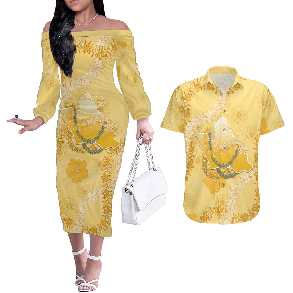 Hawaii Oahu Island Flowers Lei Couples Matching Off The Shoulder Long Sleeve Dress and Hawaiian Shirt Yellow Ilima Mix Plumeria