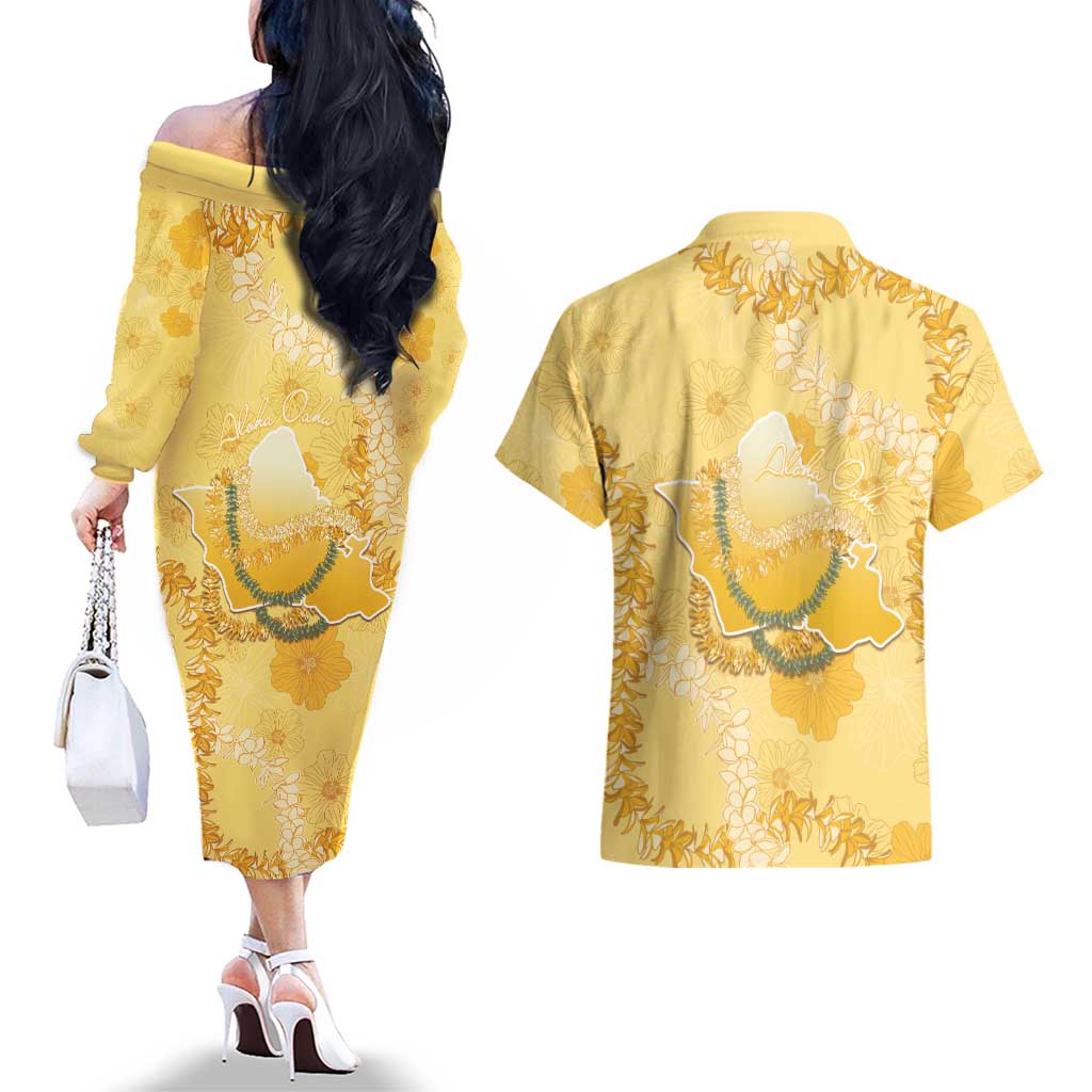 Hawaii Oahu Island Flowers Lei Couples Matching Off The Shoulder Long Sleeve Dress and Hawaiian Shirt Yellow Ilima Mix Plumeria
