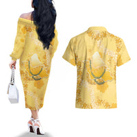 Hawaii Oahu Island Flowers Lei Couples Matching Off The Shoulder Long Sleeve Dress and Hawaiian Shirt Yellow Ilima Mix Plumeria